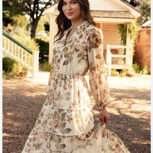 1. State Floral Long Sleeve Dress in Cream and Brown